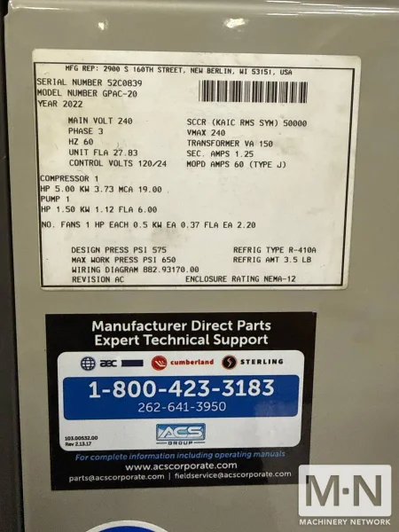 5.2 TON AEC MODEL GPAC20 AIR COOLED CHULLER MFG 2022