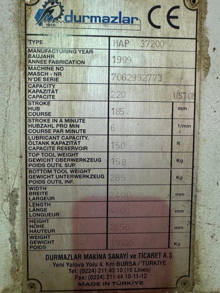 220 TON X 12' DURMAZALAR/FINELINE HAP37200 CNC PRESS BRAKE. STOCK # 0342525