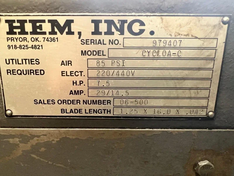 USED HEM 16" X 22" AUTOMATIC HORIZONTAL MITERING BANDSAW MODEL CYCLONE A-C, Year: 2007