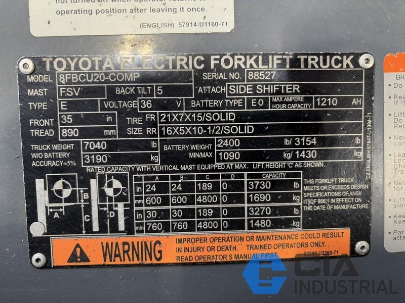 2021 - 4,000 LB. TOYOTA MODEL 8FBCU20-COMP SIT-DOWN ELECTRIC FORKLIFT