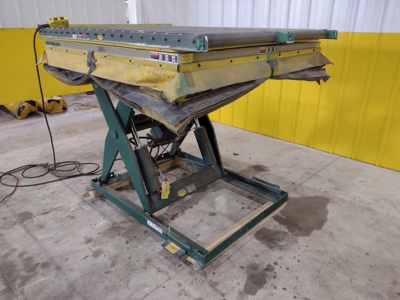 3,500 LBS X 48" X 48" SOUTHWORTH MODEL #LS4-36 HYDRAULIC SCISSOR LIFT TABLE WITH 60X48 ROLLER CONVEYOR TOP, 110 VOLT: STOCK #20924