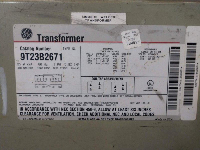 25 KVA GENERAL ELECTRIC 480/240 VOLT TO 240/120 VOLT SINGLE PHASE TRANSFORMER: STOCK #11925