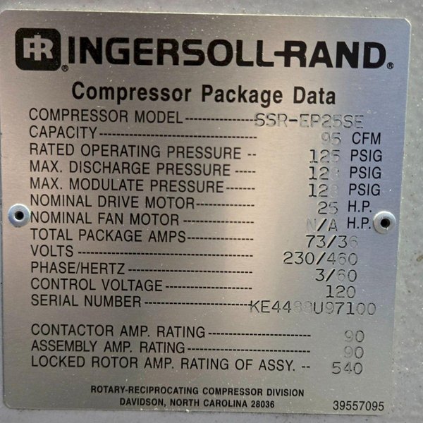 INGERSOLL RAND SSR-EP25SE 95CFM 125PSI 25HP AIR COMPRESSOR USED