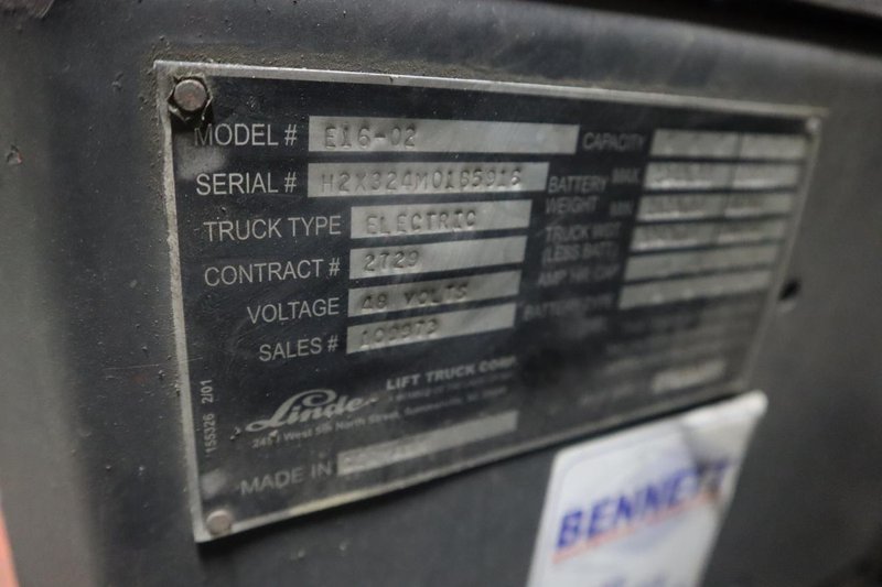 Linde E16-02 48V Electric Forklift 2343 lb Capacity- Auction Item