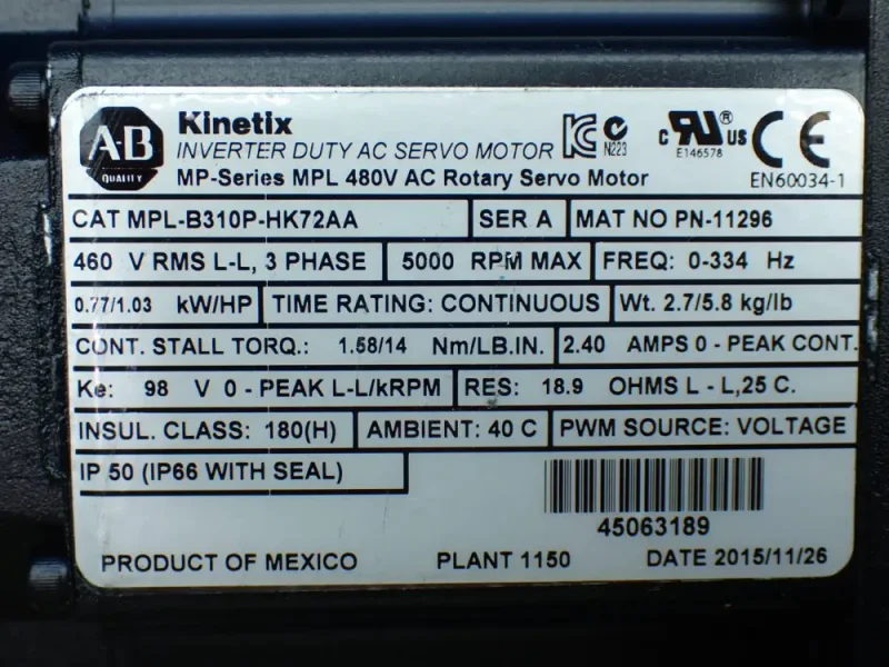 ALLEN-BRADLEY 1.03HP 5000RPM KINETIX INVERTER DUTY AC SERVO MOTOR  -  MPL-B310P-HK72AA