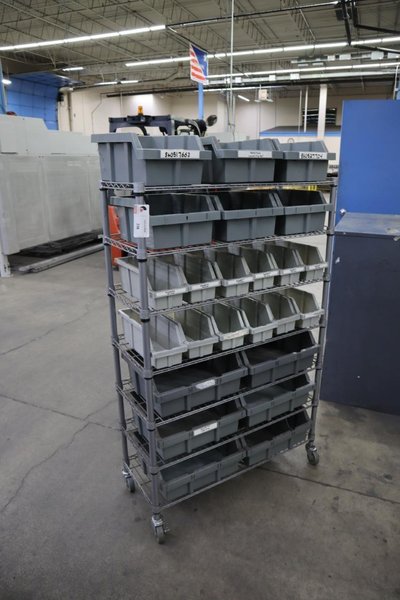 Rolling Wire Rack, (7) Shelves with Plastic Bins 36"x14"x55"- Auction Item