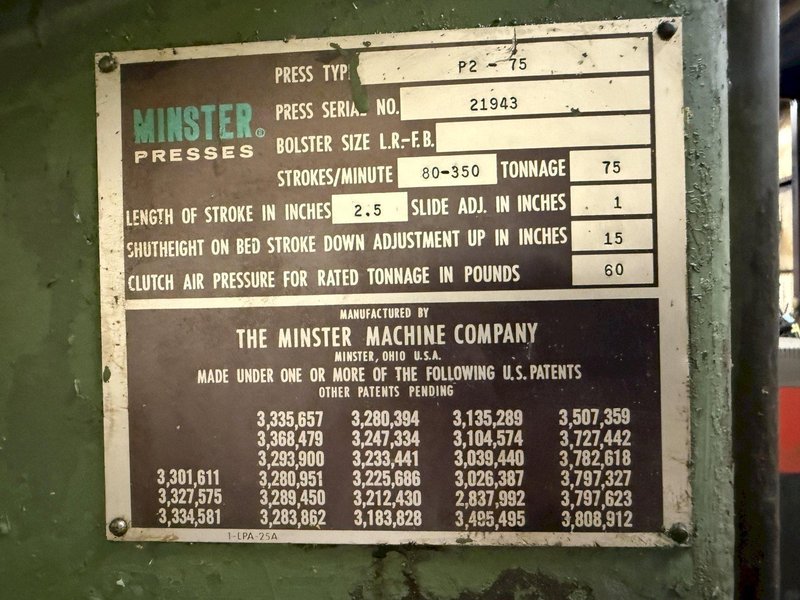 75 TON MINSTER PS2-75-42 PIECE MAKER STRAIGHT SIDE HIGH SPEED PRESS: YOBRO #23912