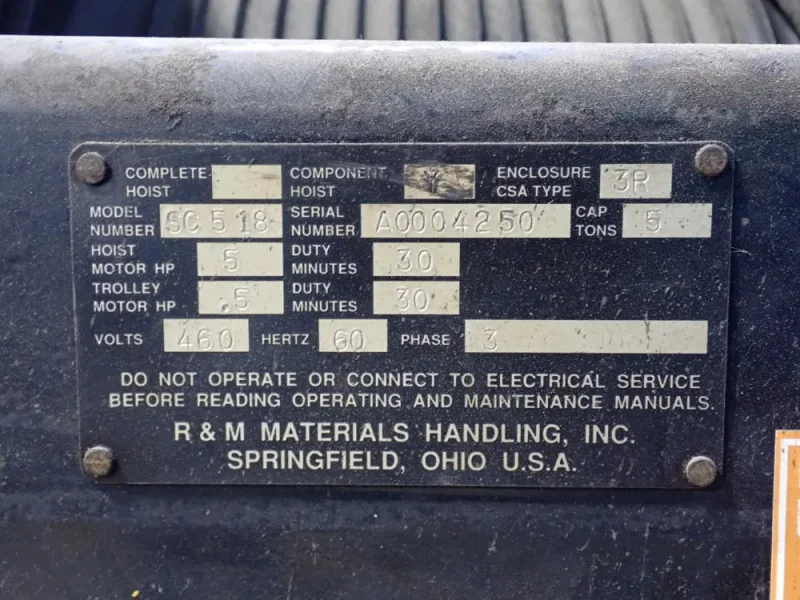 R &amp; M MATERIALS HANDLING INC. 5 TON HOIST  -  SC 518