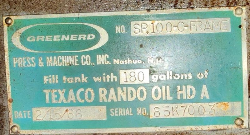 100 TON GREENARD MODEL SP100 C-FRAME HYDRAULIC PRESS, 24" STROKE: YOBRO #26283
