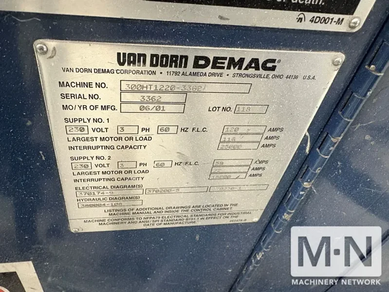 300 TON 25.4 OZ VAN DORN MODEL 300HT-1220 INJECTION MOLDING MACHINE MFG NEW 2001
