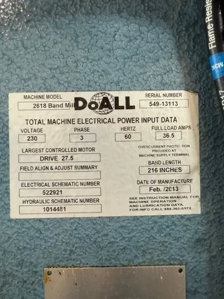 DOALL 2618 BAND Mill Plate Saw 2013’ USA #7656