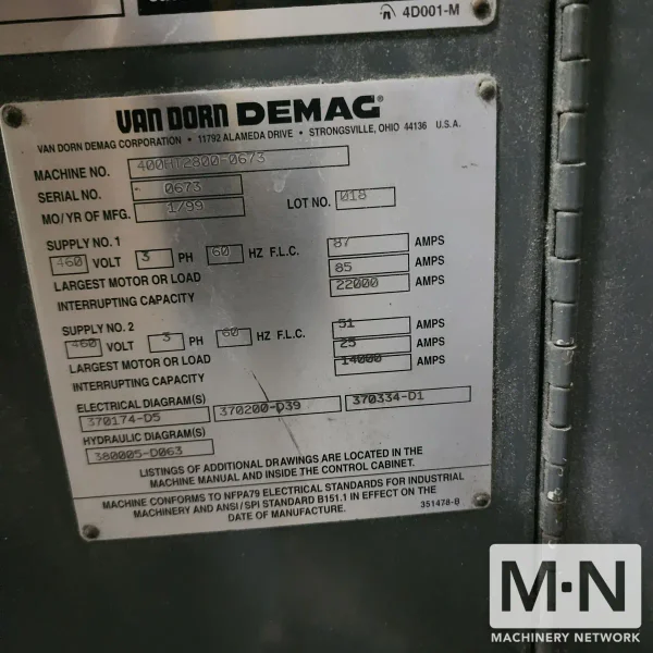 400 TON 59 OZ VAN DORN MODEL 400HT-2800 INJECTION MOLDING MACHINE MFG 1999