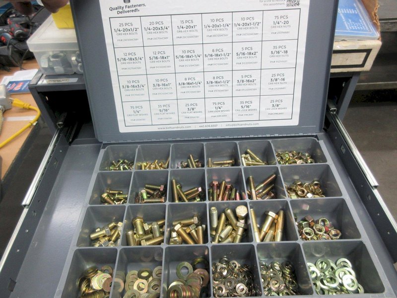 Metal Organizer on Steel Shelf with Contents: Metric / Standard Nuts, Bolts, Screws, Washers - Auction Item