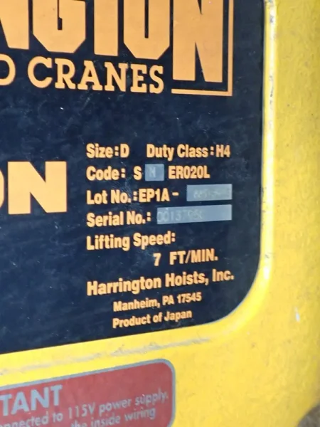 HARRINGTON 2 TON ELECTRIC CHAIN HOIST  -  EP1A-00SY3915