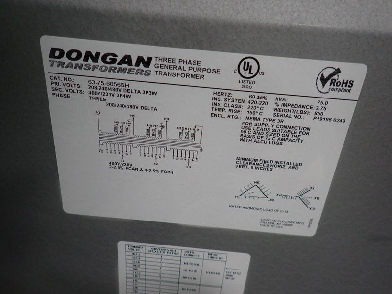 DONGAN ELECTRIC MFG 75 KVA TRANSFORMER  -  63-75-6056SH