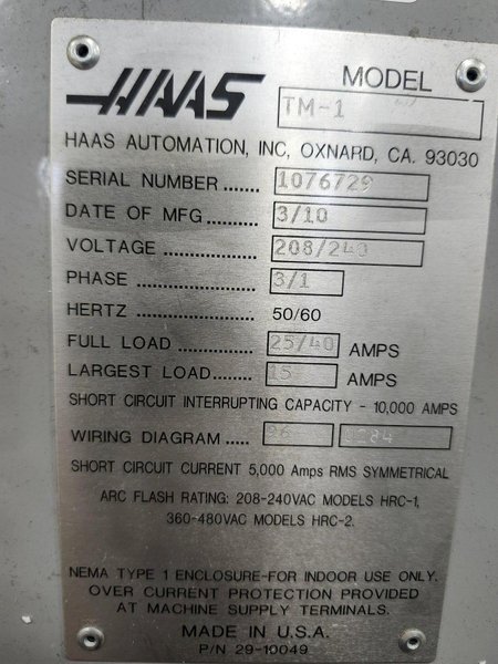 Haas TM-1 Compact CNC toolroom mill, New 2010