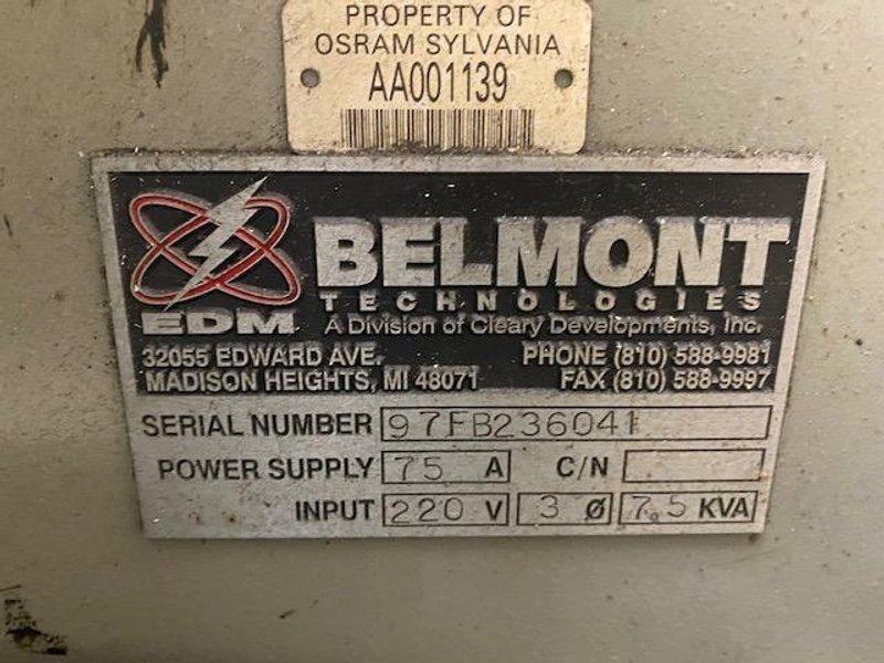 Belmont Maxicut 75 amp EDM Machine, s/n 97FB23604, with System 3R Tooling