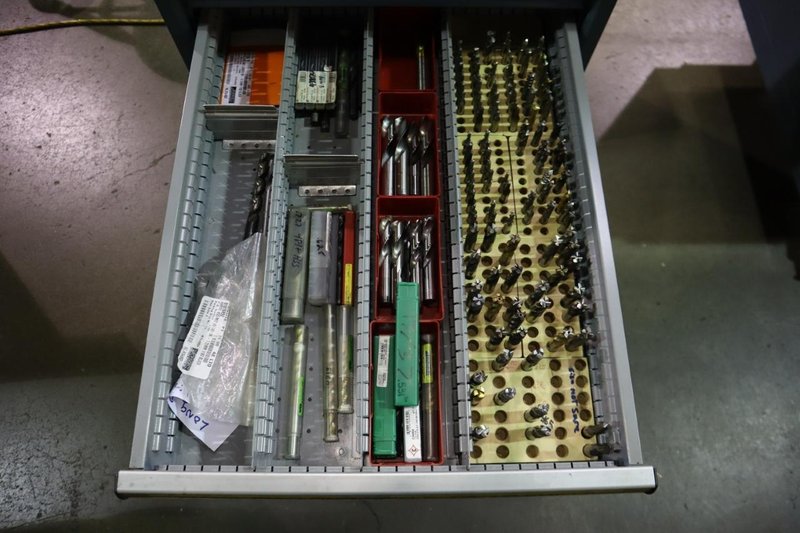 Lista Cabinet Base Work Bench, Maple Top, Portable on Caster, (10) Drawer, Upper Shelf - With Cutting Tool Contents- Auction Item