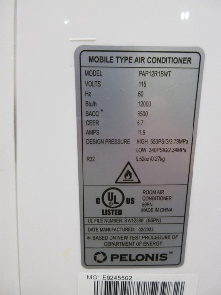 Pelonis 12,000 BTU Portable AC (PAP12R1BWT), with Remote Control and Adjustable Venting- Auction Item