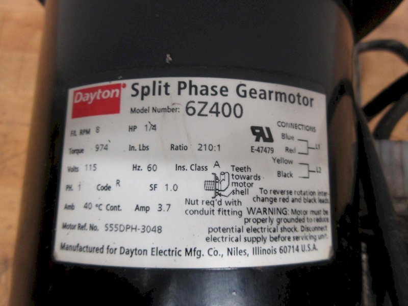 DAYTON AC Gearmotor Model 6Z400: Parallel, Single Output Shaft, Split-Phase, TEFC, 8.5 RPM, 974 in-lb Max Torque with Dayton 4Z447A Magnetic Disc Brake- Auction Item
