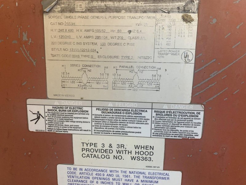 25 KVA SORGEL 240X 480 TI 120/240 SINGLE PHASE ELECTRICAL TRANSFORMER: STOCK 13475