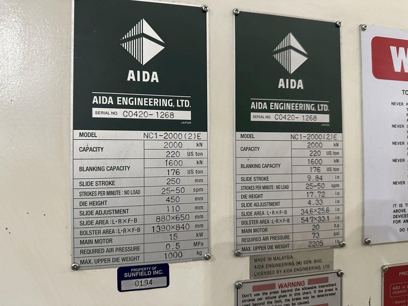 220 TON AIDA GAP FRAME METAL STAMPING PRESS