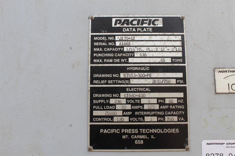 175 TON 12' PACIFIC MODEL #175-12 HYDRAULIC PRESS BRAKE: STOCK #73933