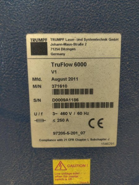 6,000 WATT TRUMPF TRULASER 8000 WITH TRUFLOW 6KW RESONATOR. STOCK # 0690524