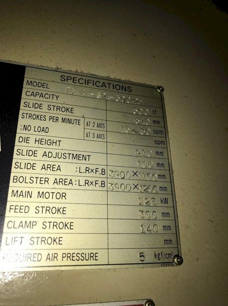 500 metric Ton Aida TMX-S2 Straight Side Double Crank Mechanical Progressive Die Metal Stamping Press, Year 1995