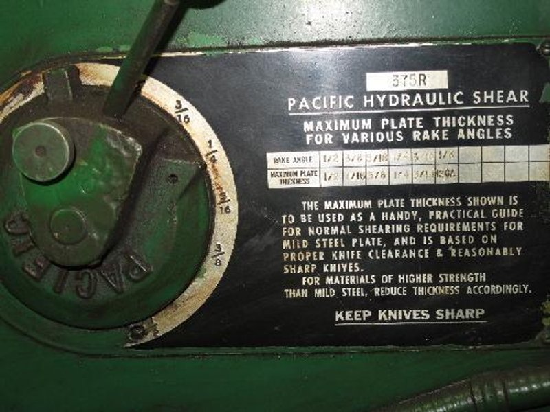16' X 3/8' PACIFIC HYDRAULIC PLATE SQUARING SHEAR: STOCK 58243