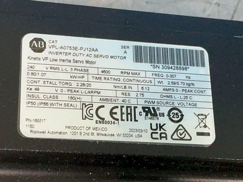 ALLEN-BRADLEY 4000RPM 1.07HP KINETIX VP LOW INERTIA SERVO MOTOR  -  VPL-A0753E-PJ12AA