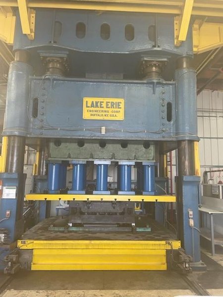 2100 Ton Lake Erie Hydraulic 4 Post Press, Double Action, 37" STR, 114" x 126" Rolling Bolster, Cushions, Updated &amp; Rebuilt in 2000