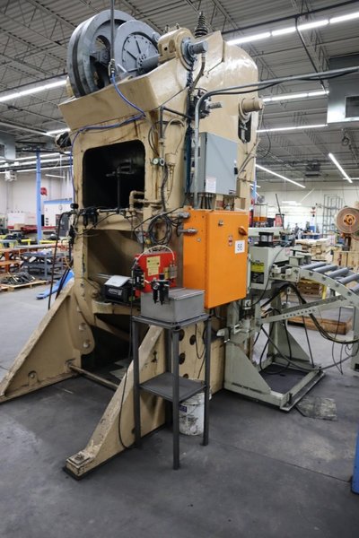 Bliss #29 150 Ton OBI Back Geared Punch Press, Single Crank,  Air Clutch and Brake, Rowe 24" Press Feed