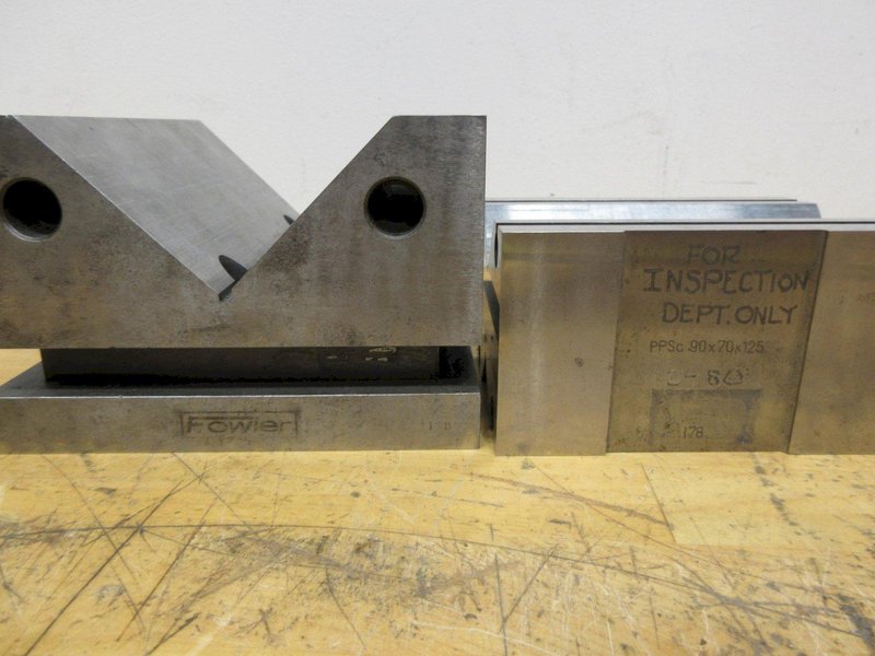 V-Blocks Precision Ground (2pcs) Larger Sizes, (1) 90 x 70 x 125mm, (1) Fowler 6" x 6" x 4" with Mounting Holes- Auction Item