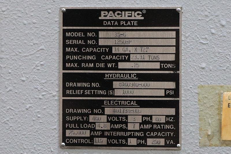 35 TON x 6' TRI-ACRO / PACIFIC HYDRA-MECHANICAL BRAKE MODEL 35-6