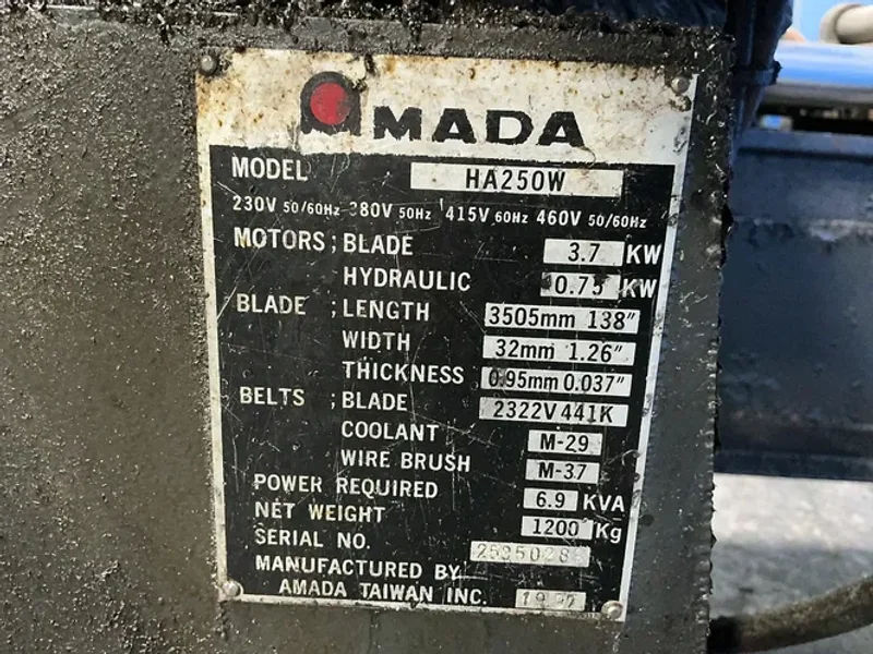 AMADA 10”X15” HORIZONTAL BAND SAW  -  HA250W