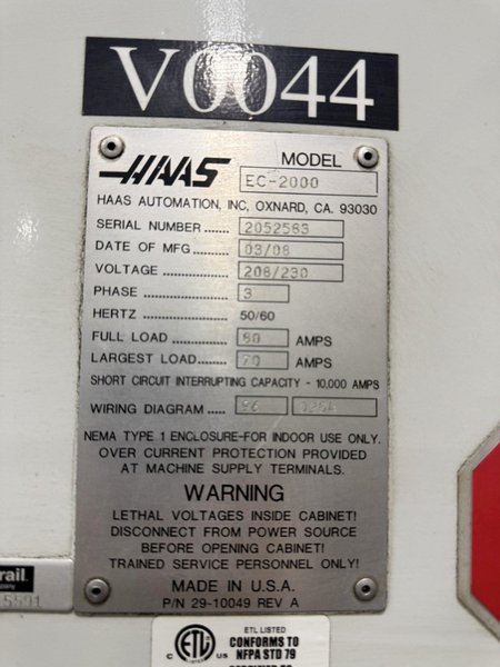 HAAS EC2000 HORIZONTAL MACHINING CENTER: STOCK #81124