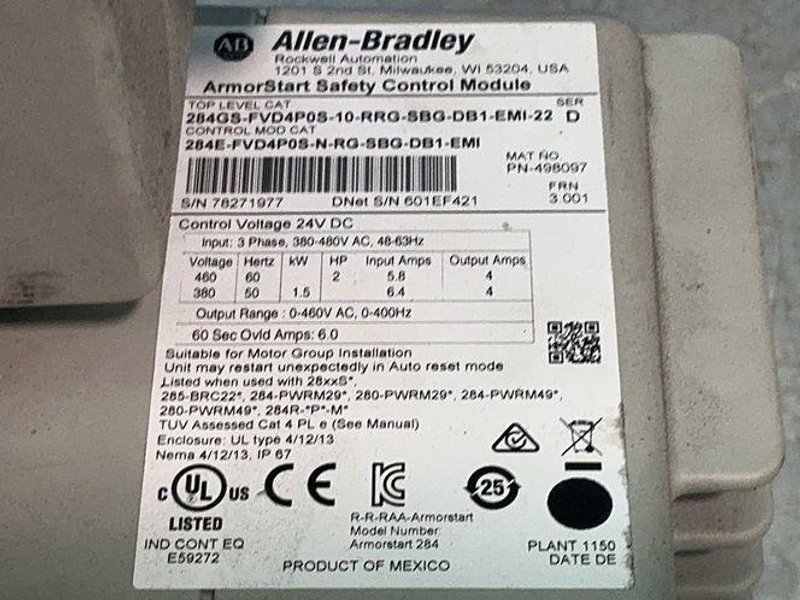 Allen-bradley Armorstart Safety Control Module - 284gs-fvd4p0s-10-rrg-sbg-db1-emi-22