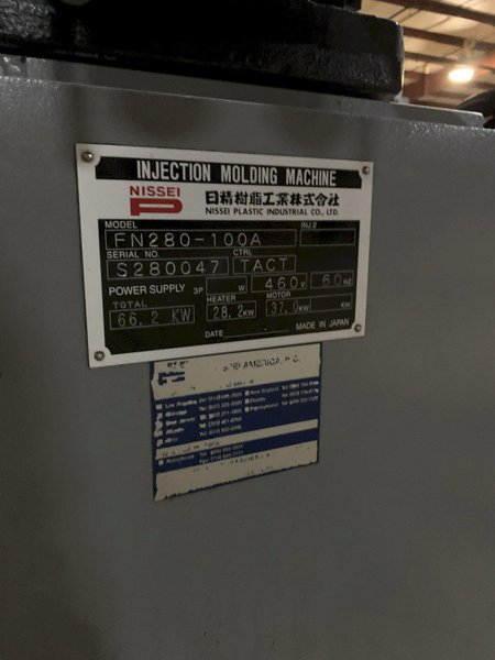 Nissei Used FN280-100A Injection Molding Machine, 309 US Ton; NEW Screw and Barrel; Customizable Shot Size