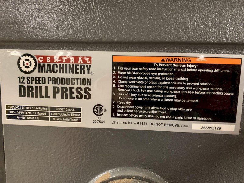 20&quot; Central Machinery 12 Speed Production Floor Model Drill Press