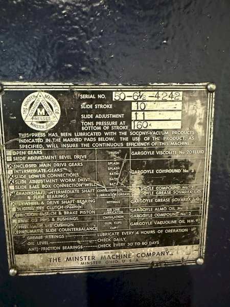 160 TON MINSTER 50-6 1/2-54 STRAIGHT SIDE DOUBLE CRANK PRESS. STOCK # 0470124