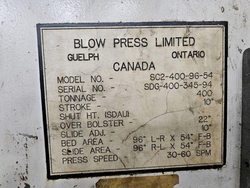 400-ton Blow Press Model #SC2-400-96-54 Straight Side Mechanical Metal Stamping Press For Sale, Year 1994