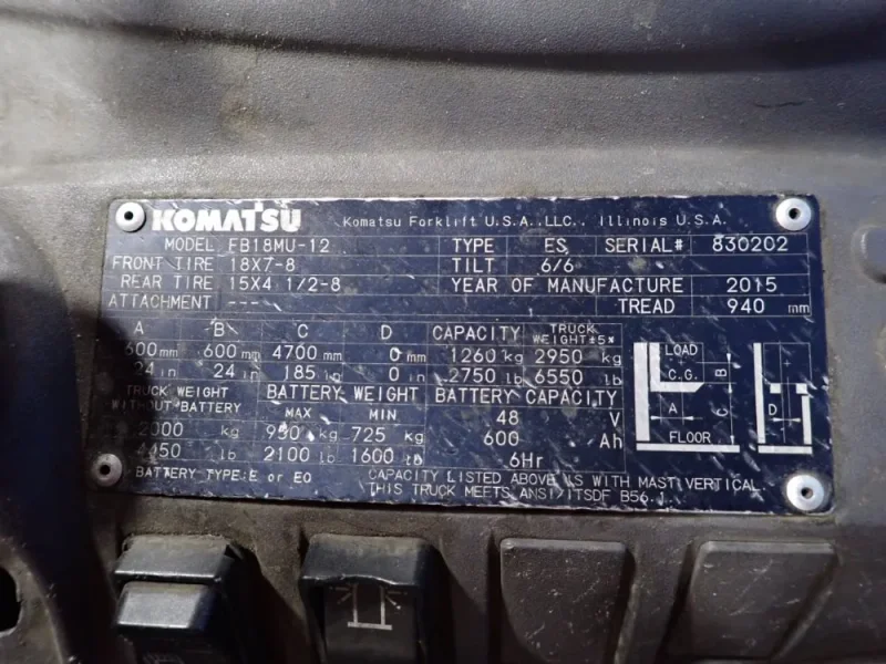KOMATSU 2600 POUNDS ELECTRIC FORKLIFT  -  FB18MU-12