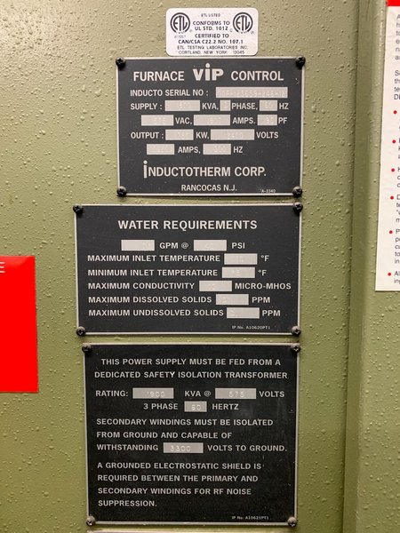 2000 Inductotherm model 1750-300 furnace power supply s/n 00f-123659-12 rated at 1750 kw, 1900 kva, 400 hz., 575 volt, with remote panel control box, original drain/feed manifolds