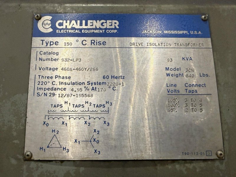 93 KVA 460 DELTA <--> 460 Y CHALLENGER MODEL #3CN ELECTRICAL TRANSFORMER: YOBRO #25413