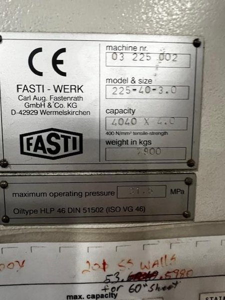 13'6" X 11 GAUGE FASTI-WERK 225-40-3.0 HYDRAULIC CNC FOLDING MACHINE. STOCK # 0981126