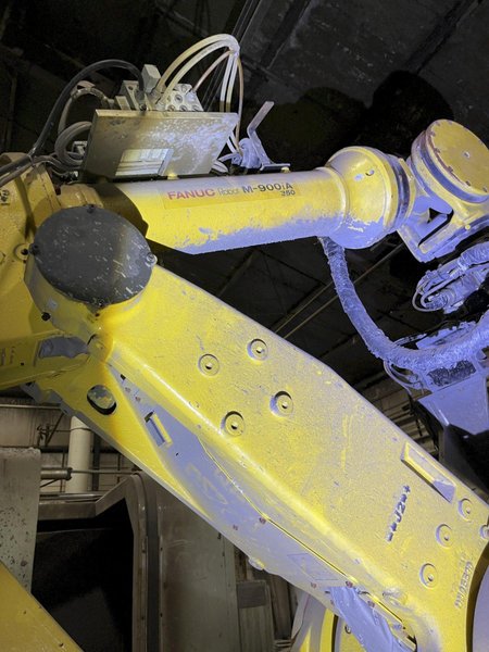 2005 Eagle automated saw and knockout system s/n 05027 with enclosure with light curtain, 2005 Fanuc robot model M-900iA 350 s/n r05743652 with Fanuc system R-J3iB controls s/n e05608535, with saw grips, Eagle enclosure with core knockout system, Allen Bradley plc with panelview 700, core butt discharge conveyor with drive, gate and riser dropoff, related conveyors