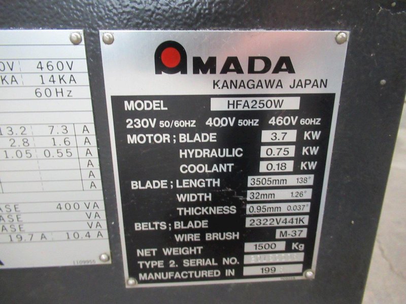 Amada HFA250W Programmable Automatic Horizontal Bandsaw, 10" Round Cap, 1" Blade, Vbl Speed, Chip Auger