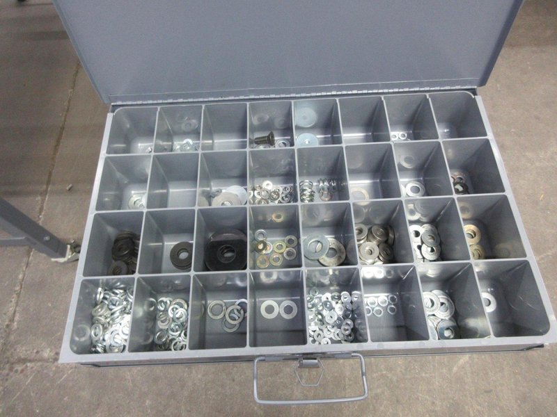 Metal Organizer on Steel Shelf with Contents: Metric / Standard Nuts, Bolts, Screws, Washers - Auction Item