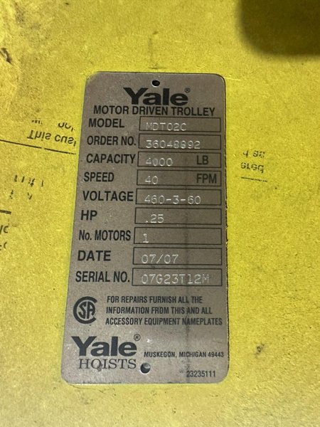 2 TON X 12' GORBEL WALL MOUNTED JIB CRANE W/ 2 TON YALE POWERED HOIST: STOCK #19135